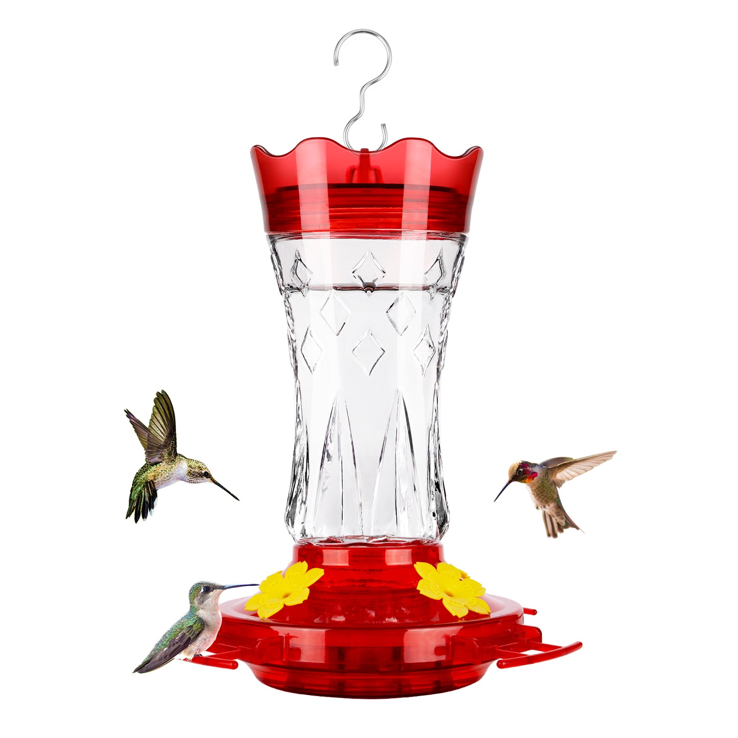 Ant-Proof & Bee-Proof Glass Hummingbird Feeder - Built-in Ant Moat & 4 Bee Guards - Leak-Proof 15oz Shatterproof Glass - Stars Decor (Red/Purple) - Perfect Outdoor Bird Gift