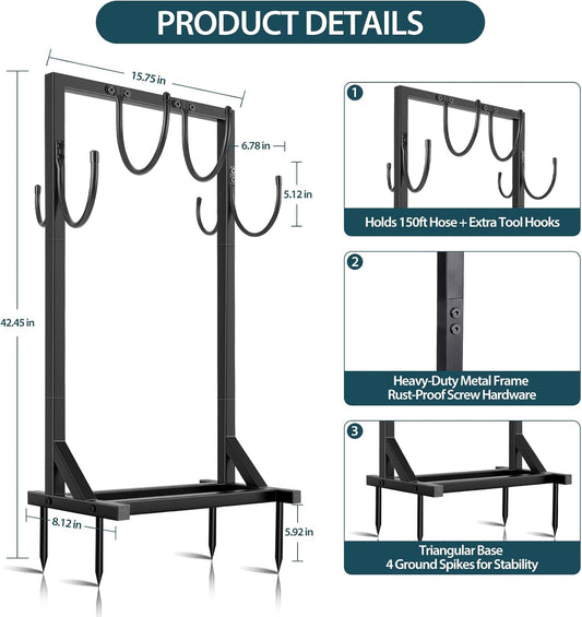 BOLITE Garden Hose Holder, Water Hose Holders for Outside with 4 Spikes and 2 Tool Hooks, Heavy Duty Metal Hose Hanger Holds 150-feet Hose, Freestanding Hose Storage Rack for Outside Yard Lawn Farm