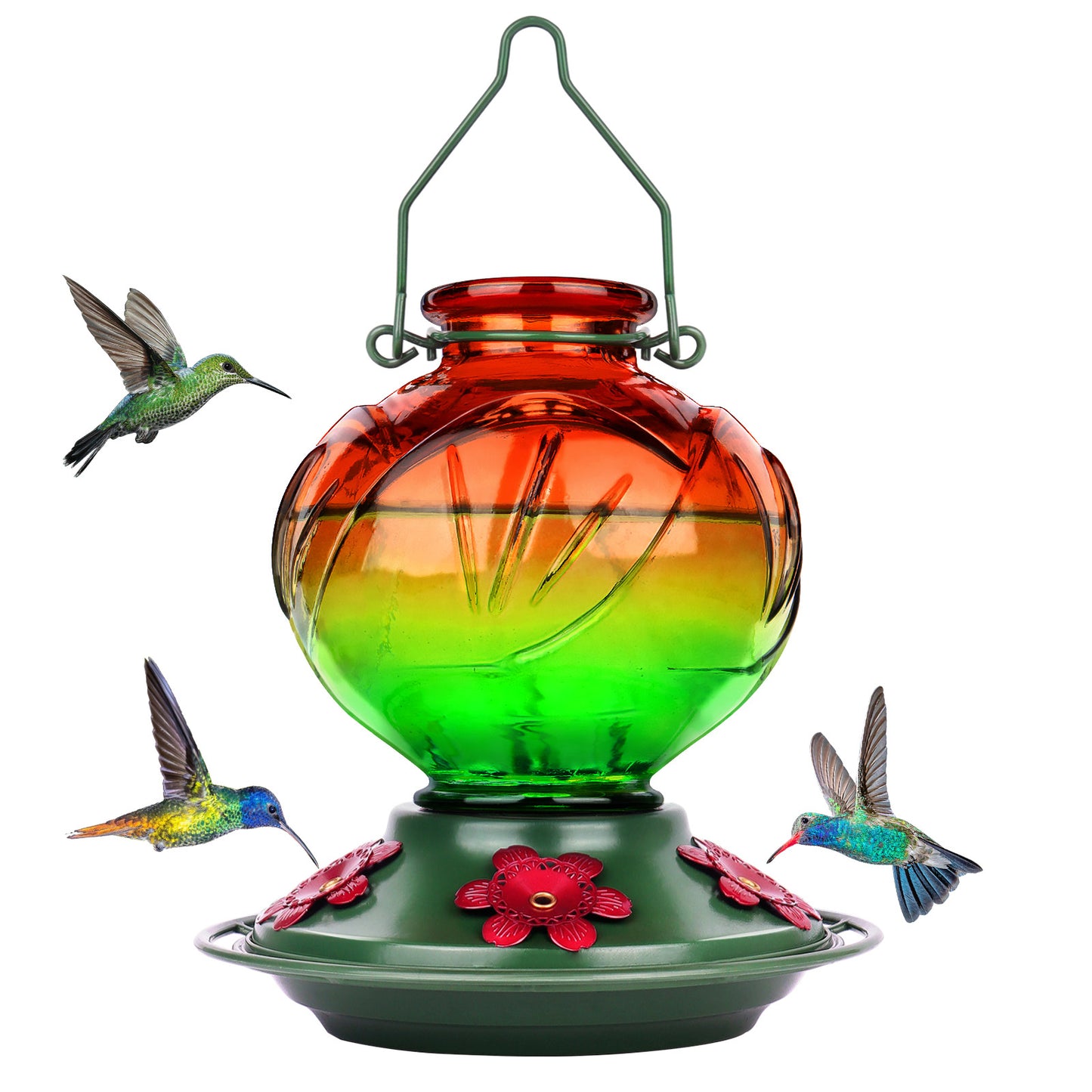 Ant-Proof Hand Blown Glass Hummingbird Feeder - 22oz Peony Flower Shape with Built-in Ant Moat & 5 Feeding Ports - Leakproof Outdoor Gift (Blue/Red/Orange/Purple/Vibrant Mix Colors)