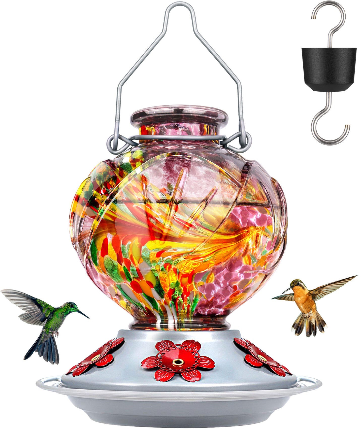 Ant-Proof Hand Blown Glass Hummingbird Feeder - 22oz Peony Flower Shape with Built-in Ant Moat & 5 Feeding Ports - Leakproof Outdoor Gift (Blue/Red/Orange/Purple/Vibrant Mix Colors)