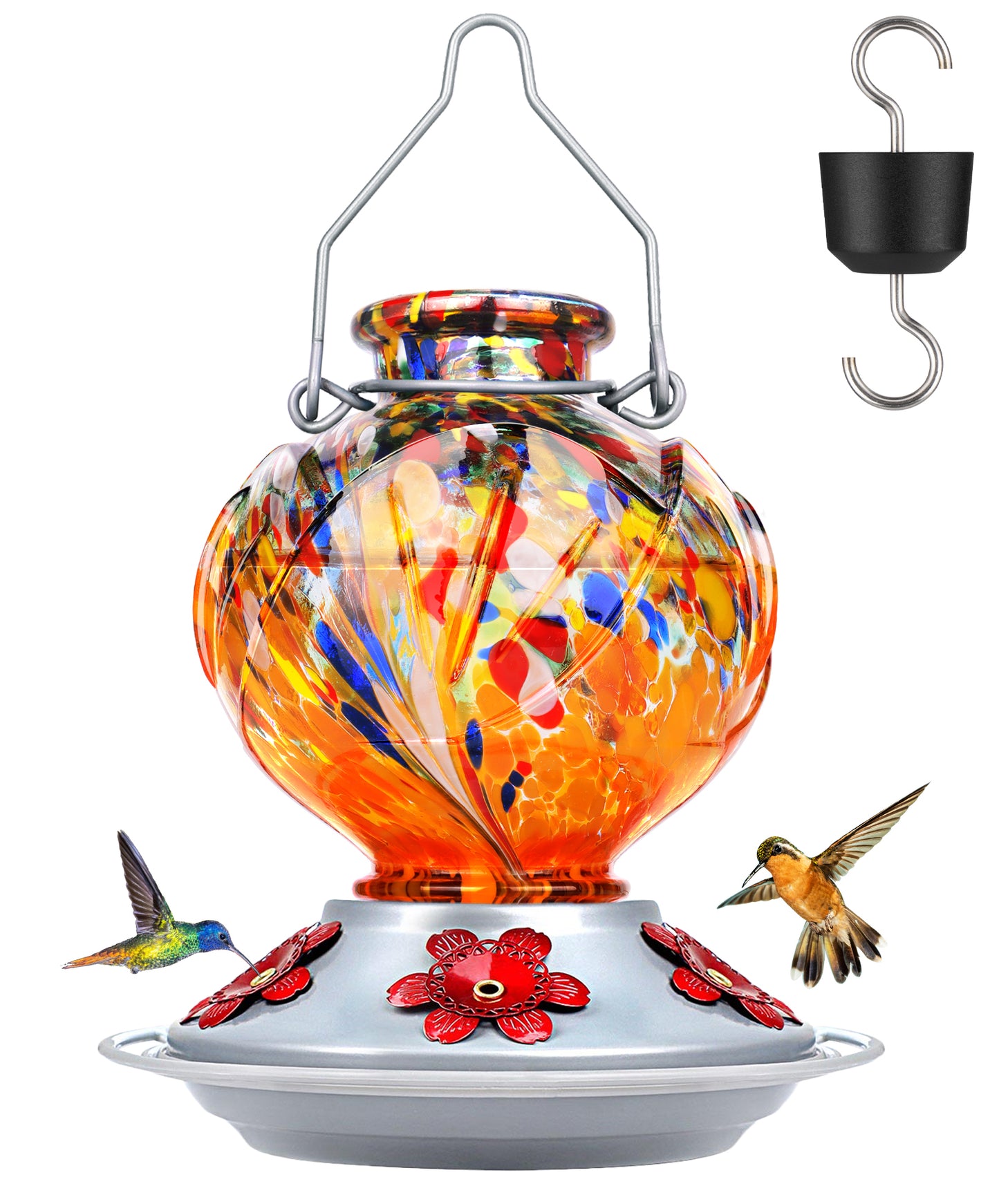 Ant-Proof Hand Blown Glass Hummingbird Feeder - 22oz Peony Flower Shape with Built-in Ant Moat & 5 Feeding Ports - Leakproof Outdoor Gift (Blue/Red/Orange/Purple/Vibrant Mix Colors)