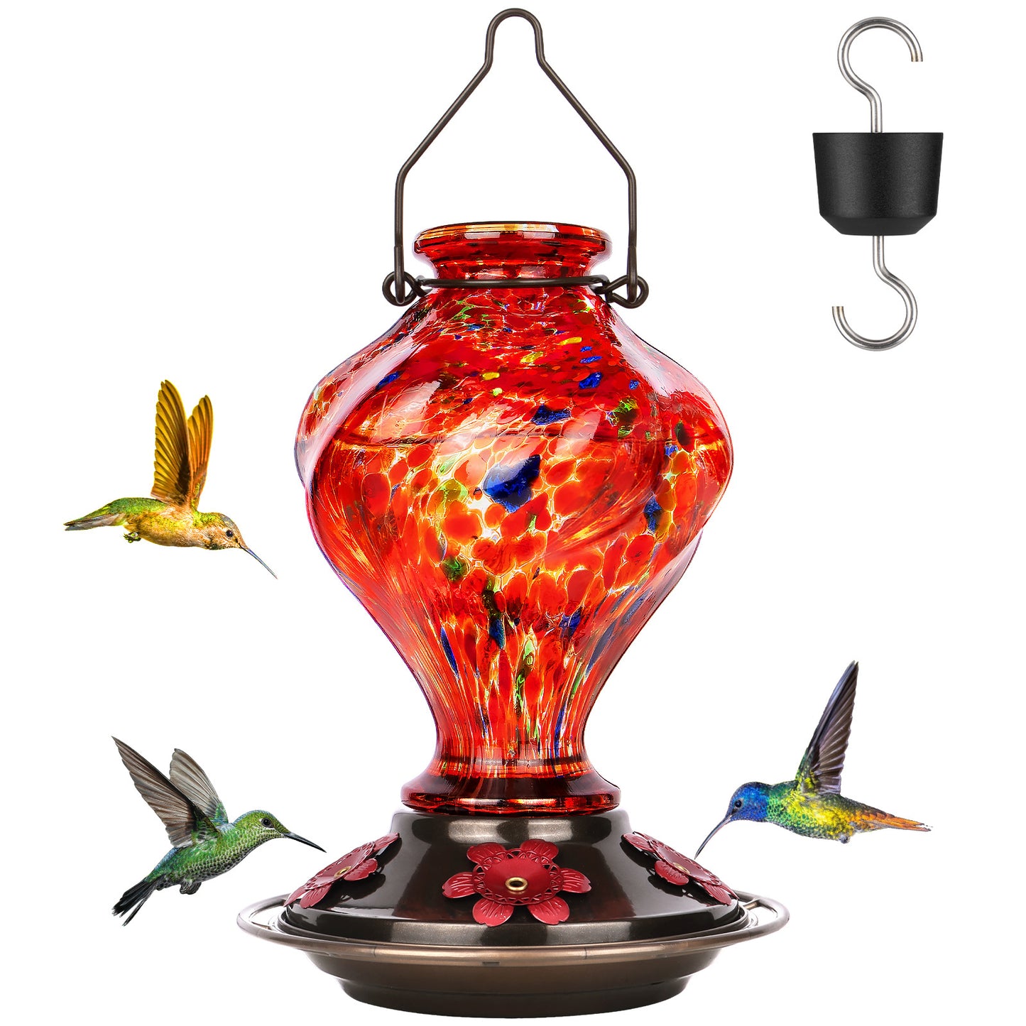 Premium Hummingbird Feeder, Sunset Orange Fireworks Hand-Blown Glass with Ant Moat & 5 Ports - 24oz Leak Proof Outdoor Hanging - Unique Gifts for Bird Lovers