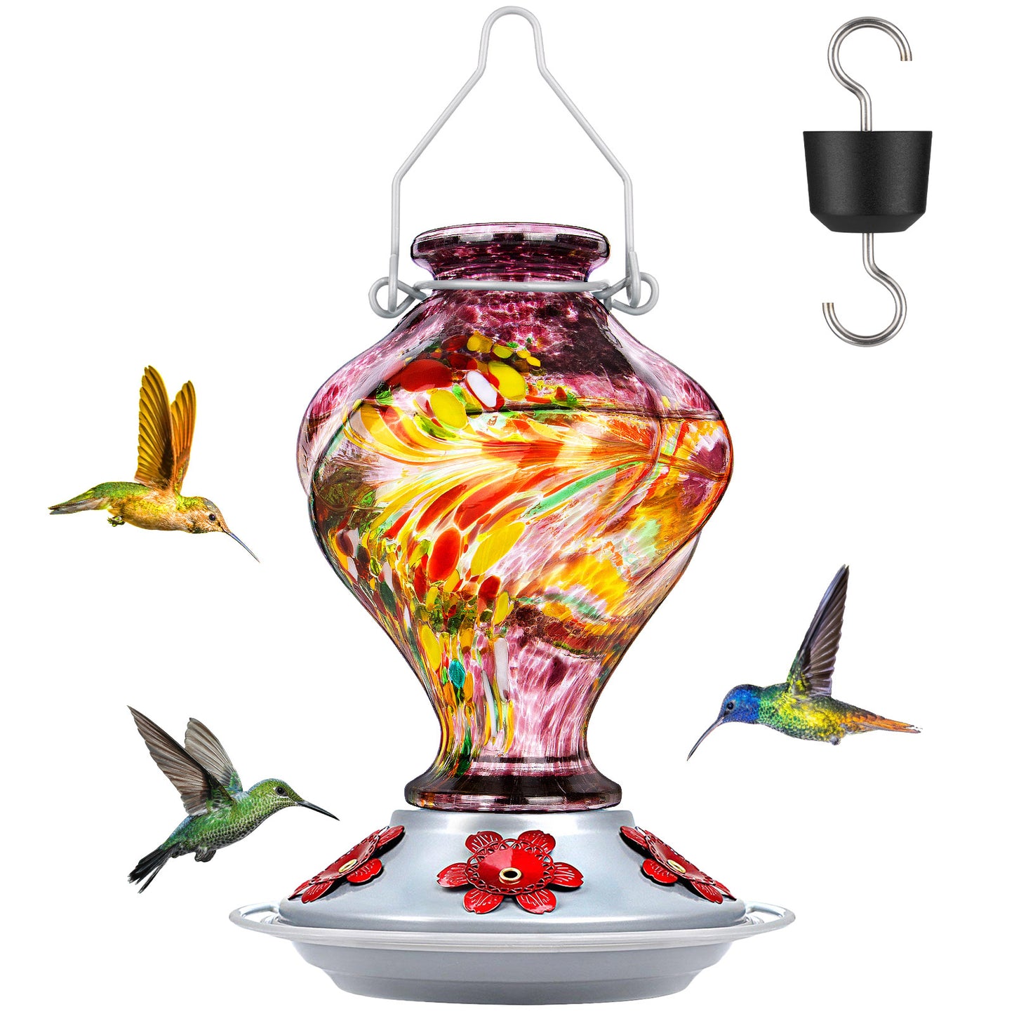 Premium Hummingbird Feeder, Sunset Orange Fireworks Hand-Blown Glass with Ant Moat & 5 Ports - 24oz Leak Proof Outdoor Hanging - Unique Gifts for Bird Lovers