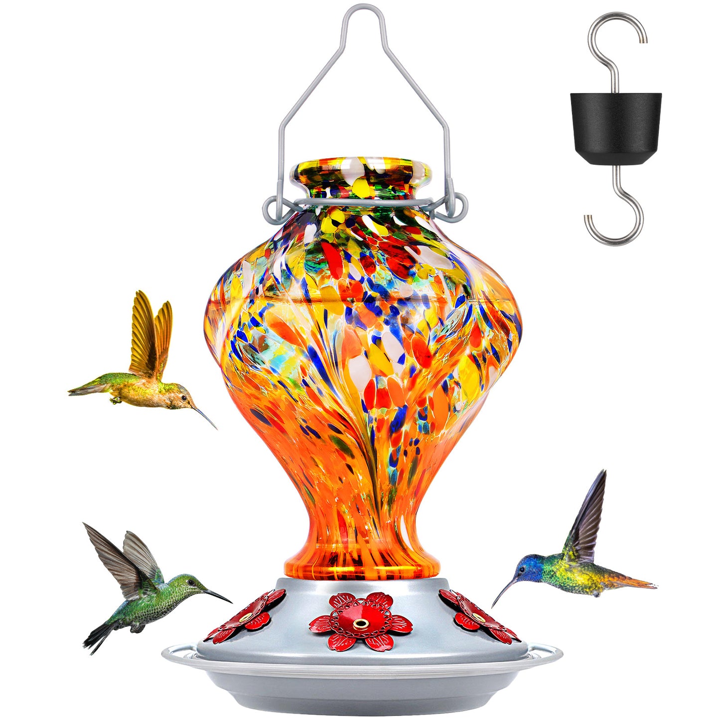 Premium Hummingbird Feeder, Sunset Orange Fireworks Hand-Blown Glass with Ant Moat & 5 Ports - 24oz Leak Proof Outdoor Hanging - Unique Gifts for Bird Lovers
