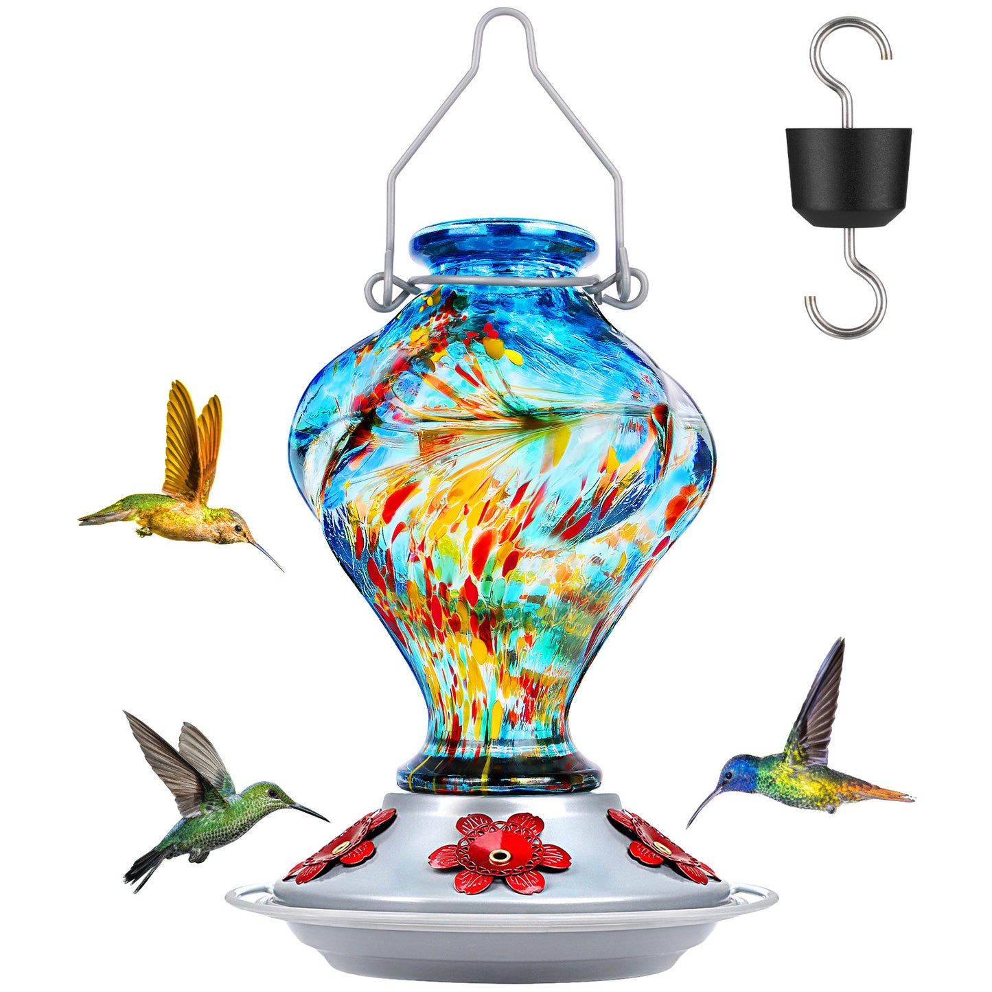 Premium Hummingbird Feeder, Sunset Orange Fireworks Hand-Blown Glass with Ant Moat & 5 Ports - 24oz Leak Proof Outdoor Hanging - Unique Gifts for Bird Lovers