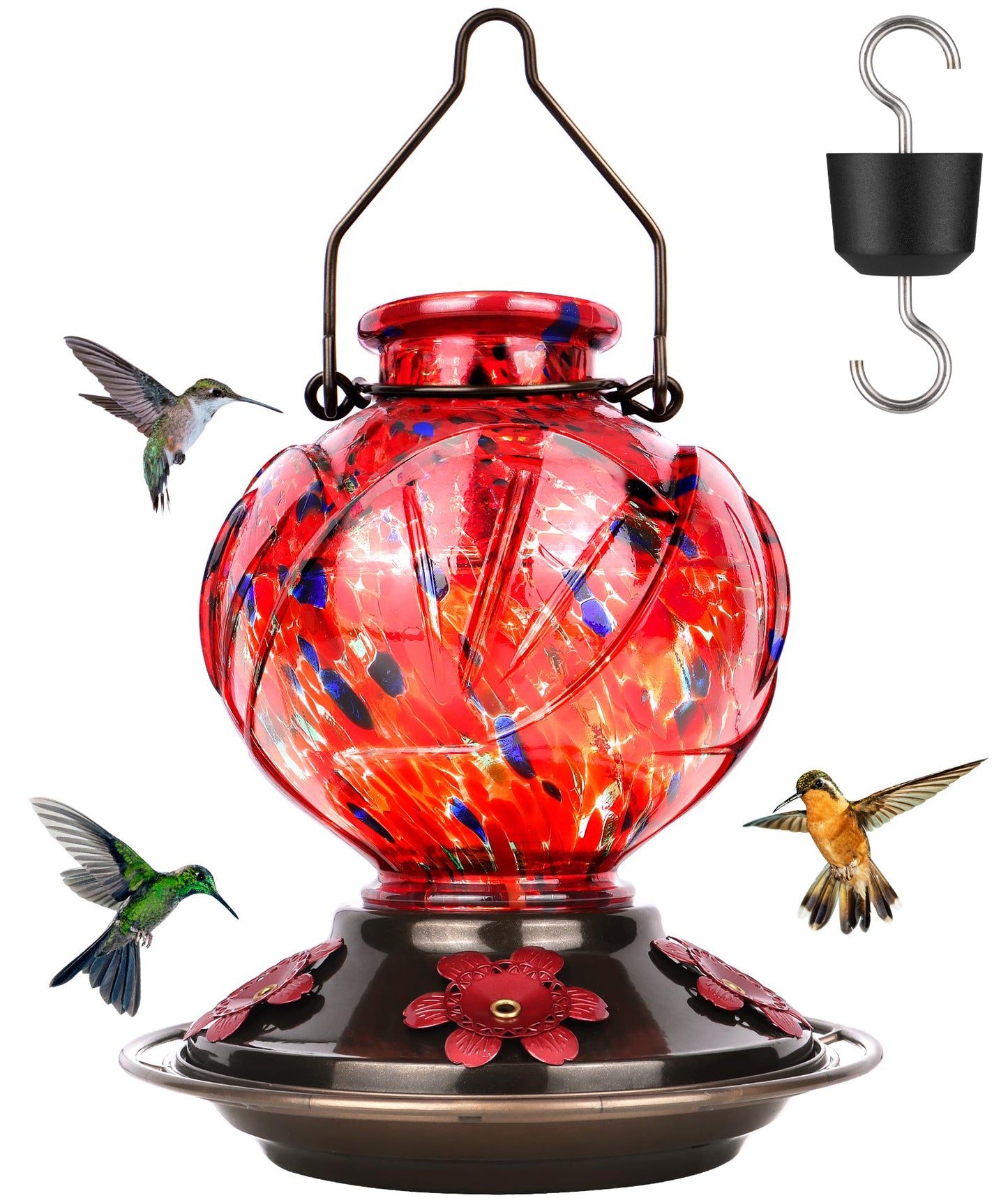 Ant-Proof Hand Blown Glass Hummingbird Feeder - 22oz Peony Flower Shape with Built-in Ant Moat & 5 Feeding Ports - Leakproof Outdoor Gift (Blue/Red/Orange/Purple/Vibrant Mix Colors)