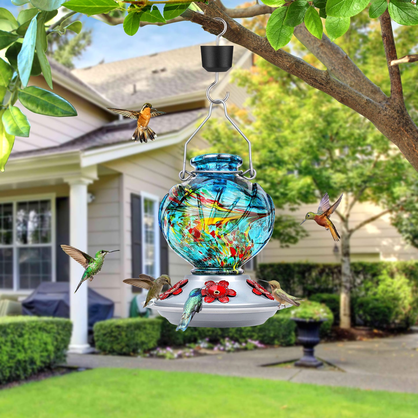 Ant-Proof Hand Blown Glass Hummingbird Feeder - 22oz Peony Flower Shape with Built-in Ant Moat & 5 Feeding Ports - Leakproof Outdoor Gift (Blue/Red/Orange/Purple/Vibrant Mix Colors)