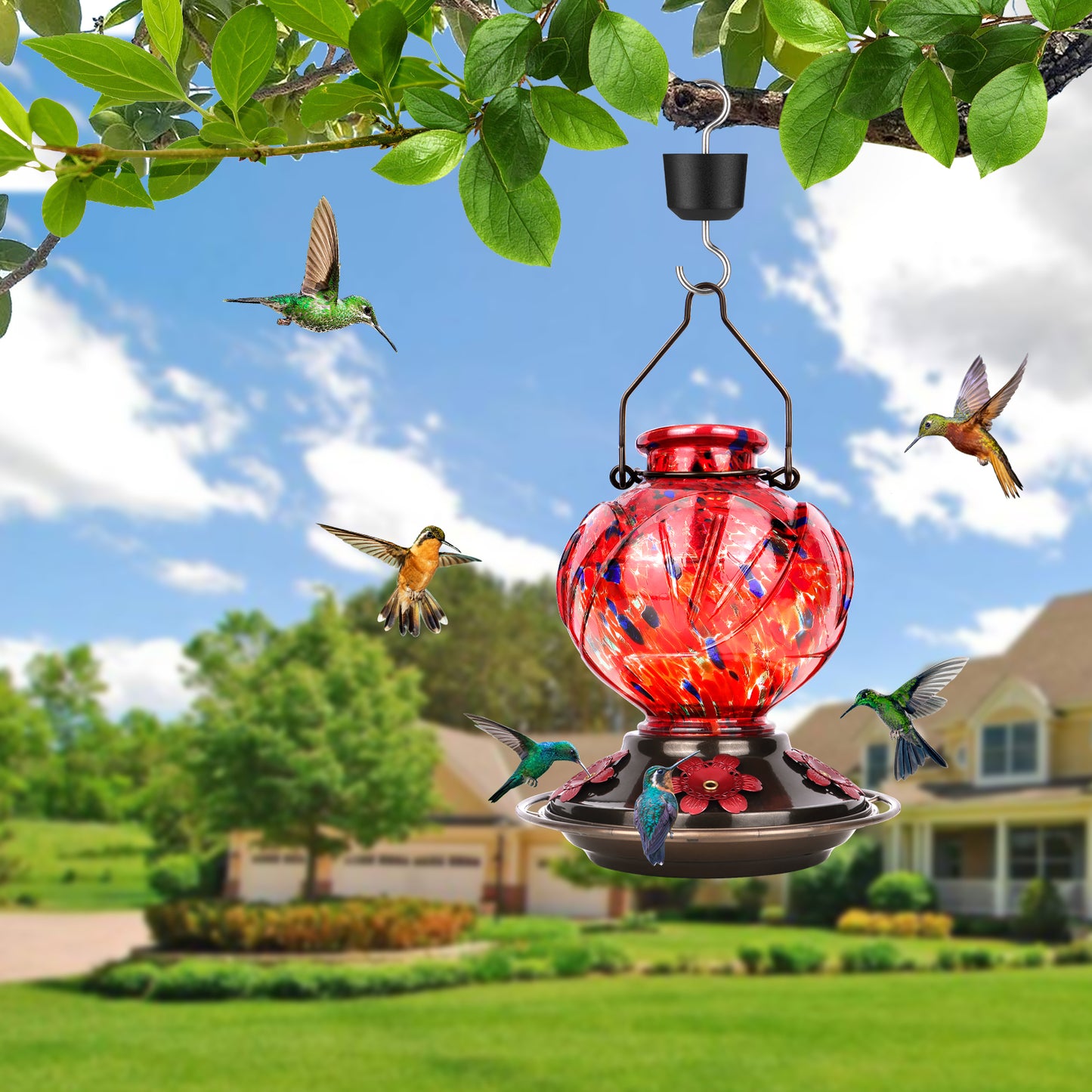 Ant-Proof Hand Blown Glass Hummingbird Feeder - 22oz Peony Flower Shape with Built-in Ant Moat & 5 Feeding Ports - Leakproof Outdoor Gift (Blue/Red/Orange/Purple/Vibrant Mix Colors)