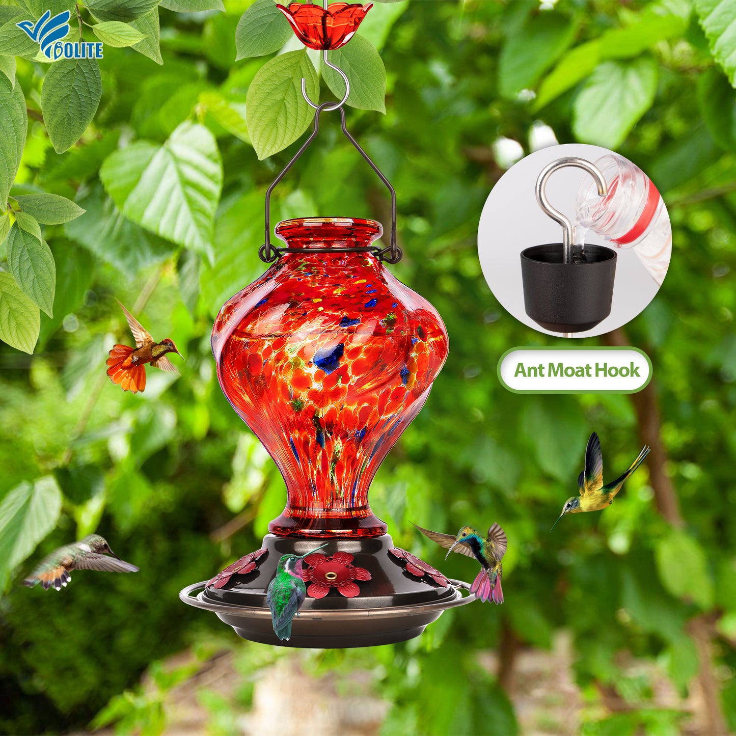 Premium Hummingbird Feeder, Sunset Orange Fireworks Hand-Blown Glass with Ant Moat & 5 Ports - 24oz Leak Proof Outdoor Hanging - Unique Gifts for Bird Lovers