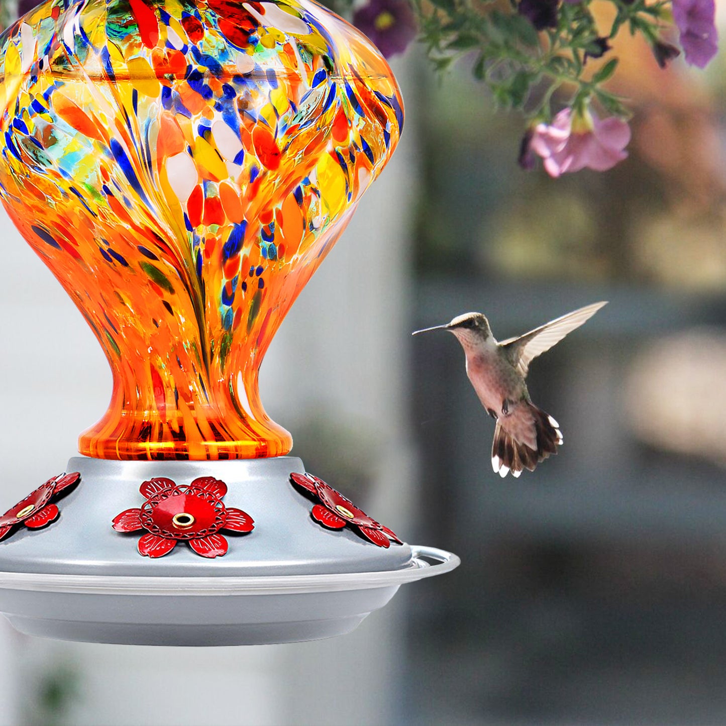 Premium Hummingbird Feeder, Sunset Orange Fireworks Hand-Blown Glass with Ant Moat & 5 Ports - 24oz Leak Proof Outdoor Hanging - Unique Gifts for Bird Lovers