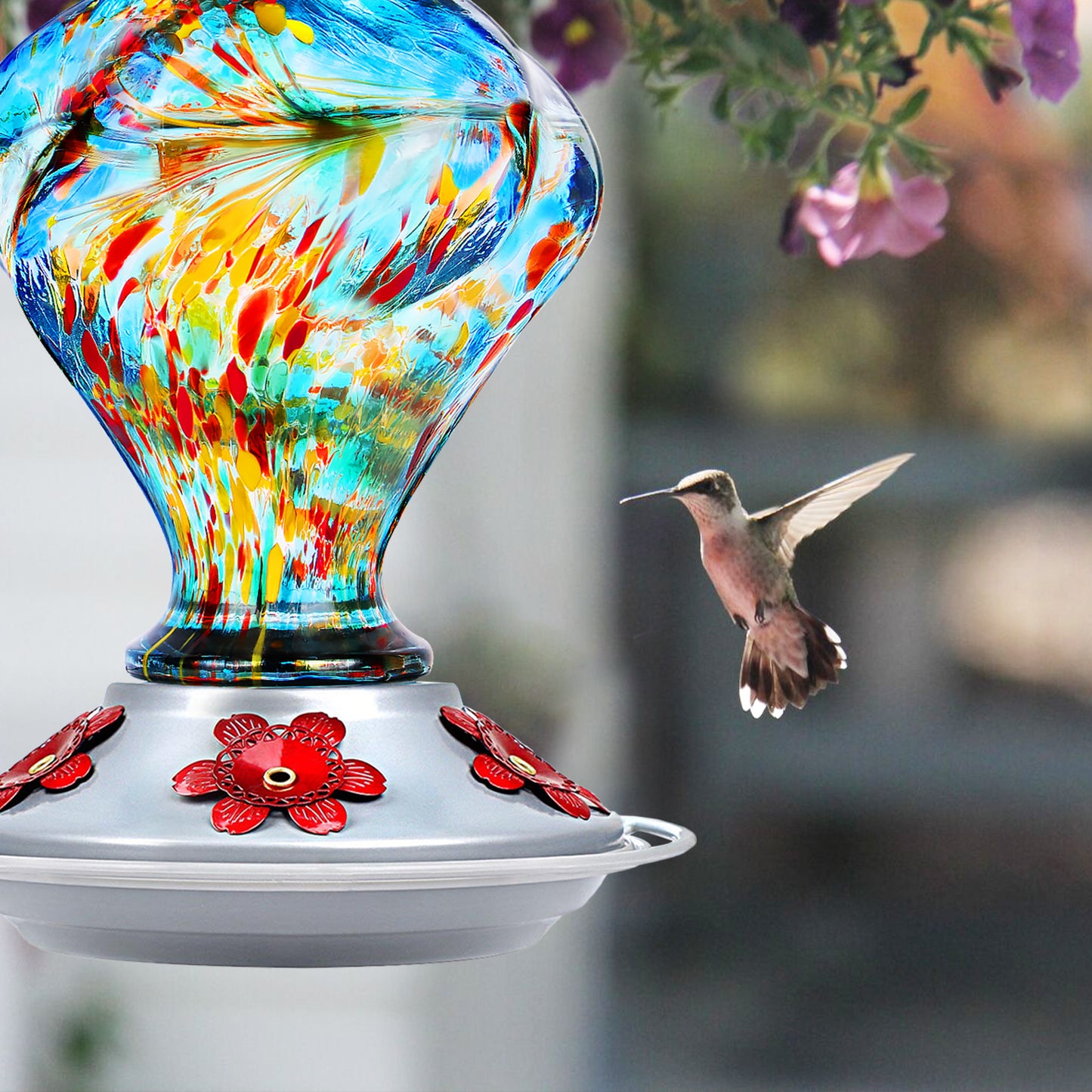 Premium Hummingbird Feeder, Sunset Orange Fireworks Hand-Blown Glass with Ant Moat & 5 Ports - 24oz Leak Proof Outdoor Hanging - Unique Gifts for Bird Lovers