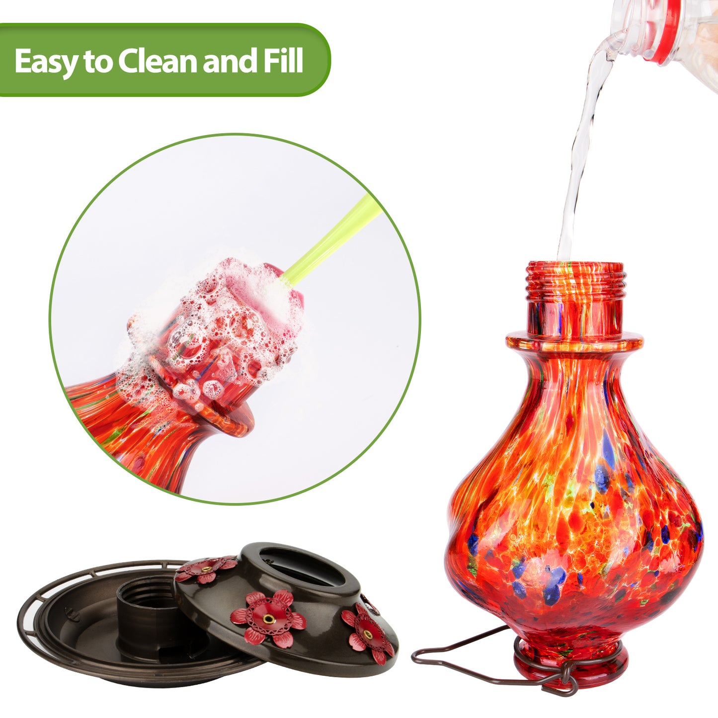 Premium Hummingbird Feeder, Sunset Orange Fireworks Hand-Blown Glass with Ant Moat & 5 Ports - 24oz Leak Proof Outdoor Hanging - Unique Gifts for Bird Lovers