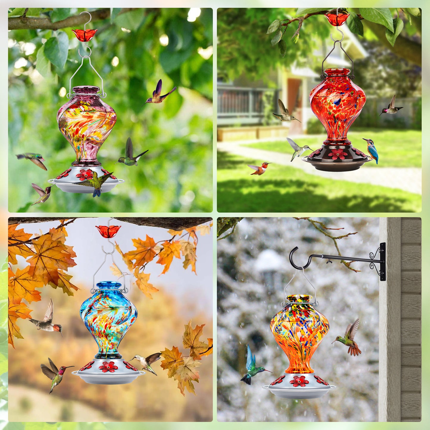 Premium Hummingbird Feeder, Sunset Orange Fireworks Hand-Blown Glass with Ant Moat & 5 Ports - 24oz Leak Proof Outdoor Hanging - Unique Gifts for Bird Lovers