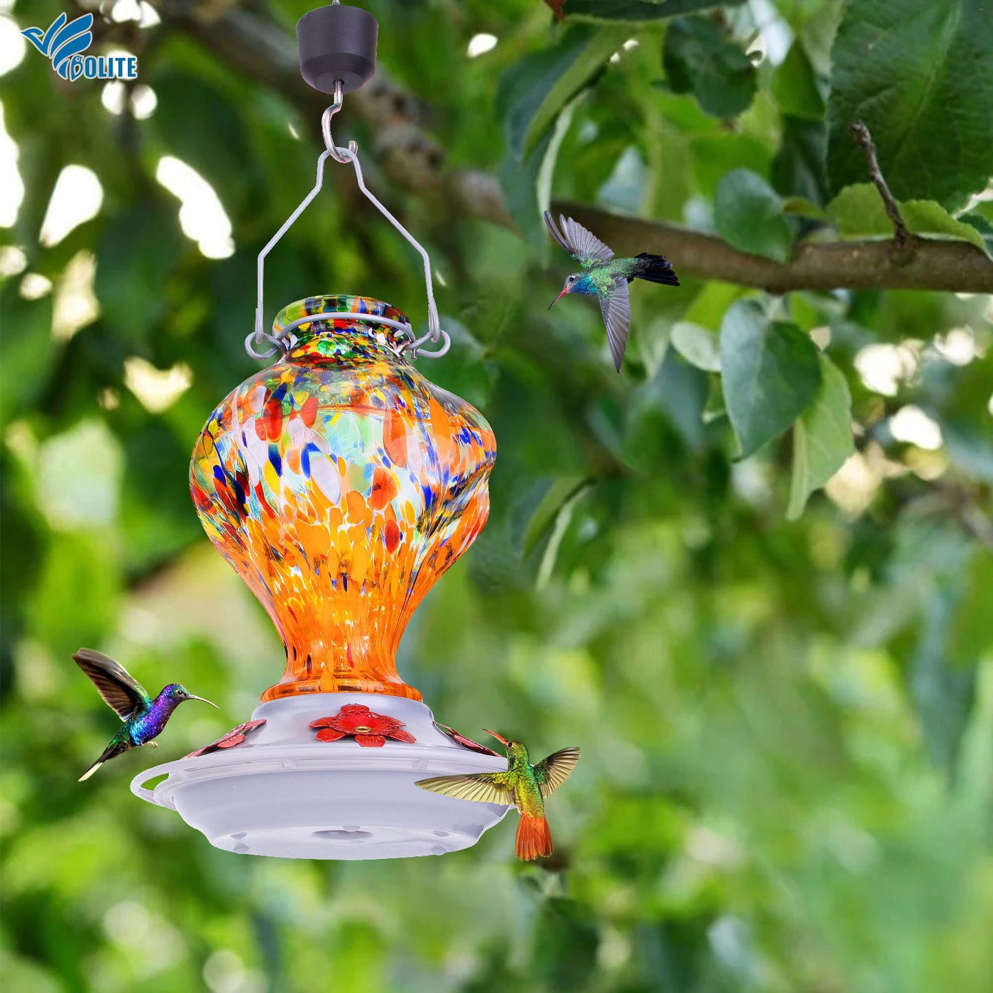 Premium Hummingbird Feeder, Sunset Orange Fireworks Hand-Blown Glass with Ant Moat & 5 Ports - 24oz Leak Proof Outdoor Hanging - Unique Gifts for Bird Lovers