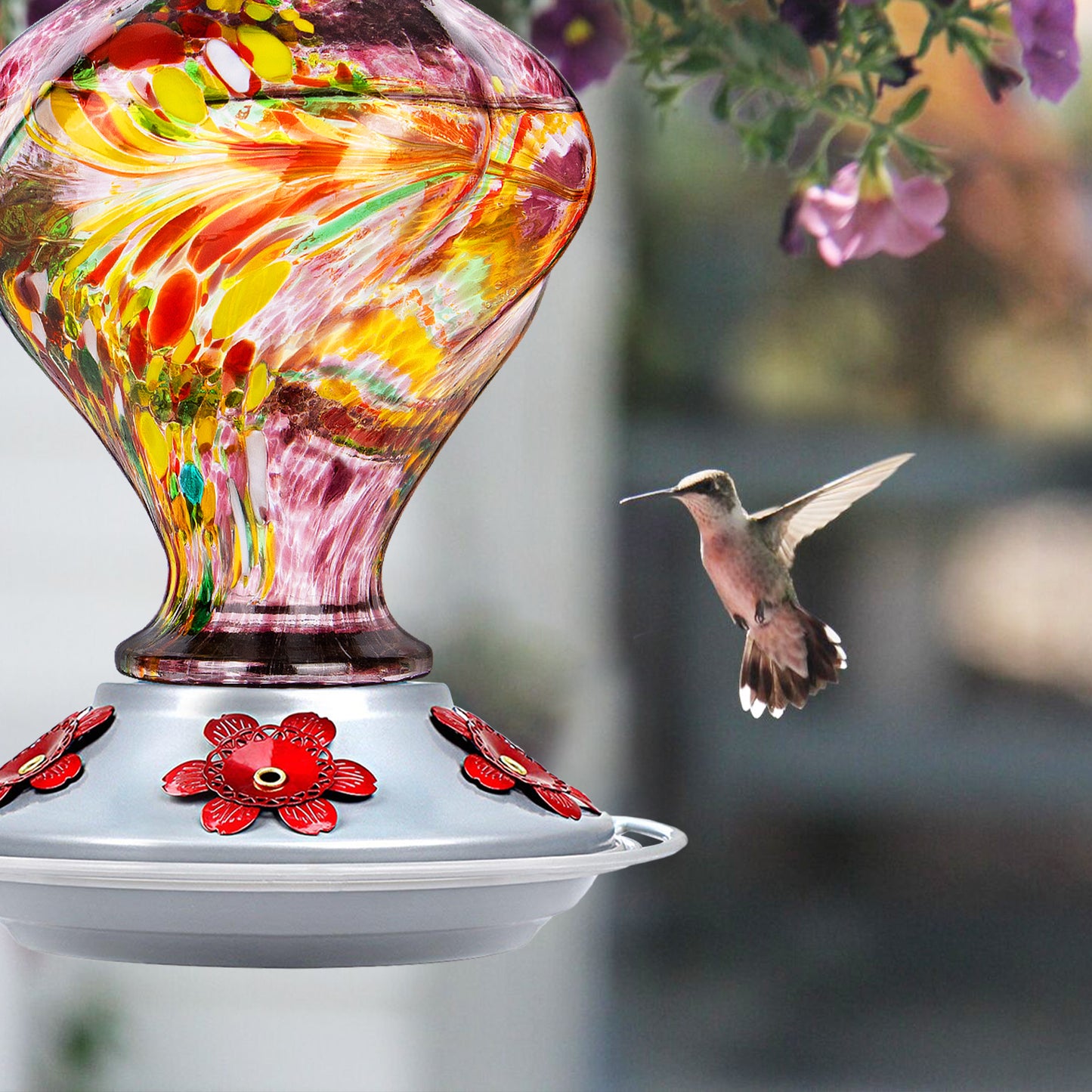 Premium Hummingbird Feeder, Sunset Orange Fireworks Hand-Blown Glass with Ant Moat & 5 Ports - 24oz Leak Proof Outdoor Hanging - Unique Gifts for Bird Lovers