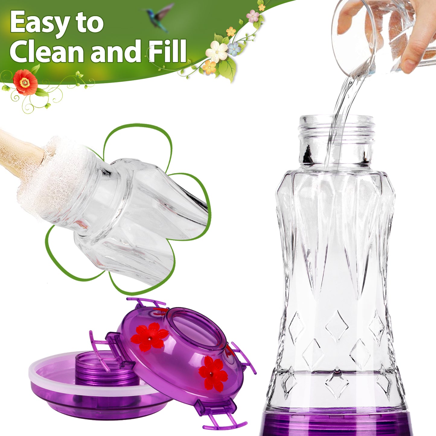 Ant-Proof & Bee-Proof Glass Hummingbird Feeder - Built-in Ant Moat & 4 Bee Guards - Leak-Proof 15oz Shatterproof Glass - Stars Decor (Red/Purple) - Perfect Outdoor Bird Gift