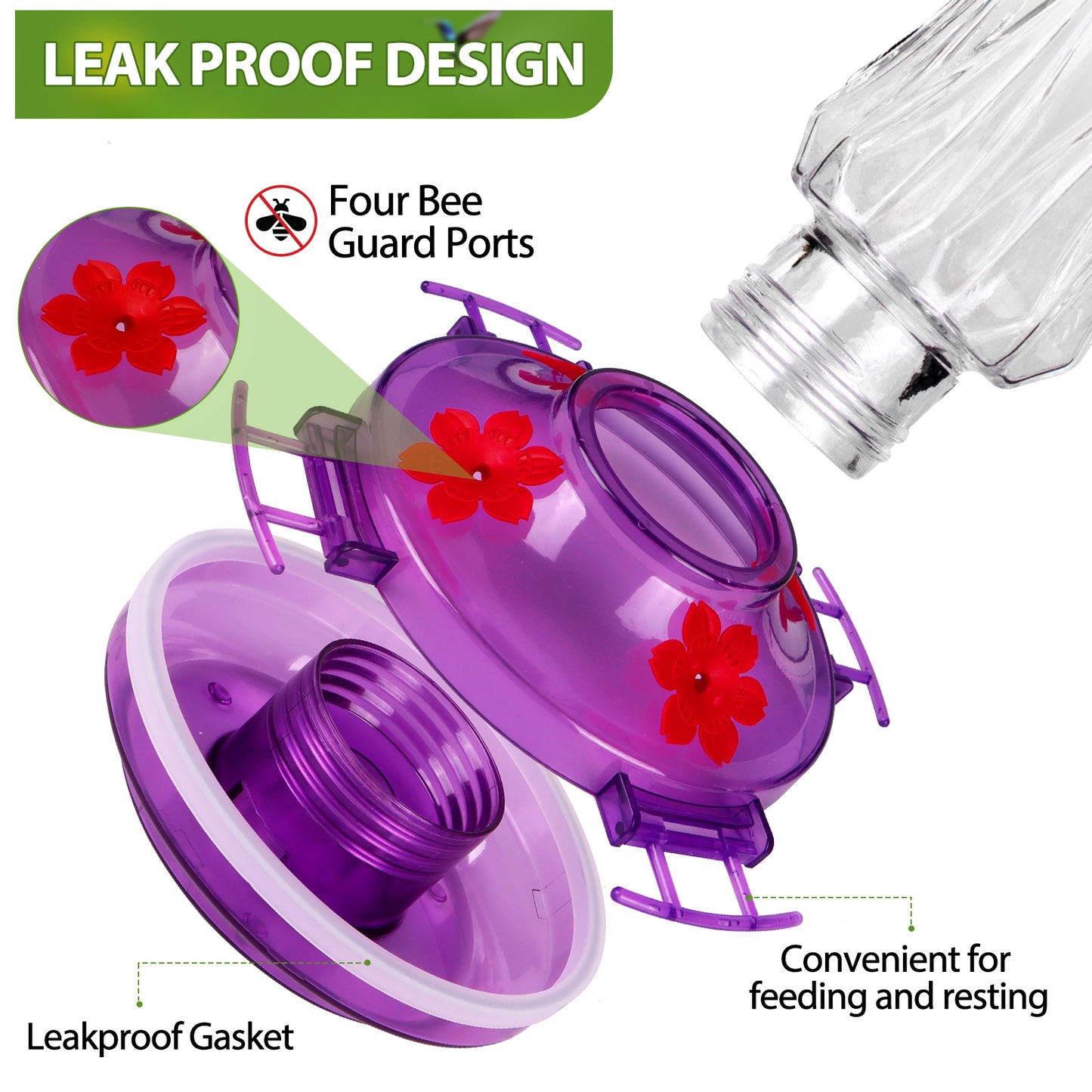 Ant-Proof & Bee-Proof Glass Hummingbird Feeder - Built-in Ant Moat & 4 Bee Guards - Leak-Proof 15oz Shatterproof Glass - Stars Decor (Red/Purple) - Perfect Outdoor Bird Gift