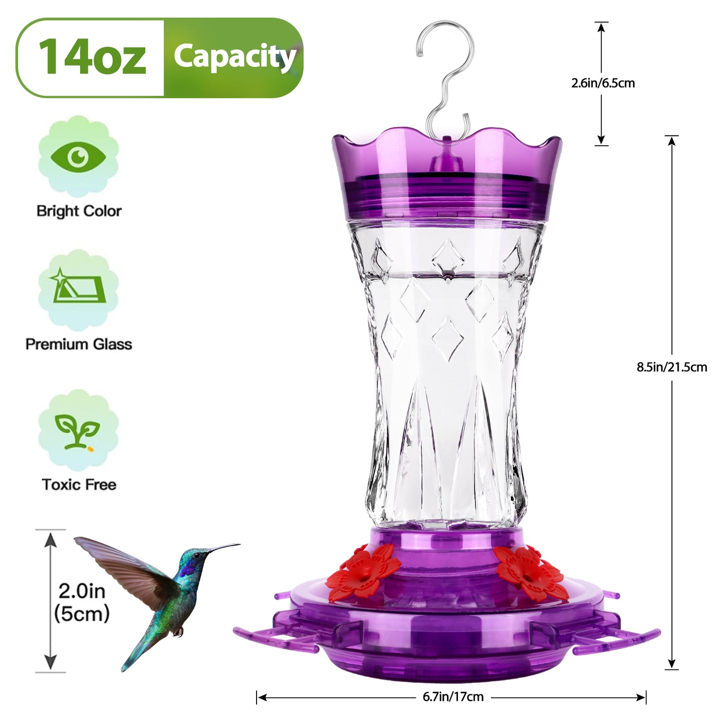 Ant-Proof & Bee-Proof Glass Hummingbird Feeder - Built-in Ant Moat & 4 Bee Guards - Leak-Proof 15oz Shatterproof Glass - Stars Decor (Red/Purple) - Perfect Outdoor Bird Gift