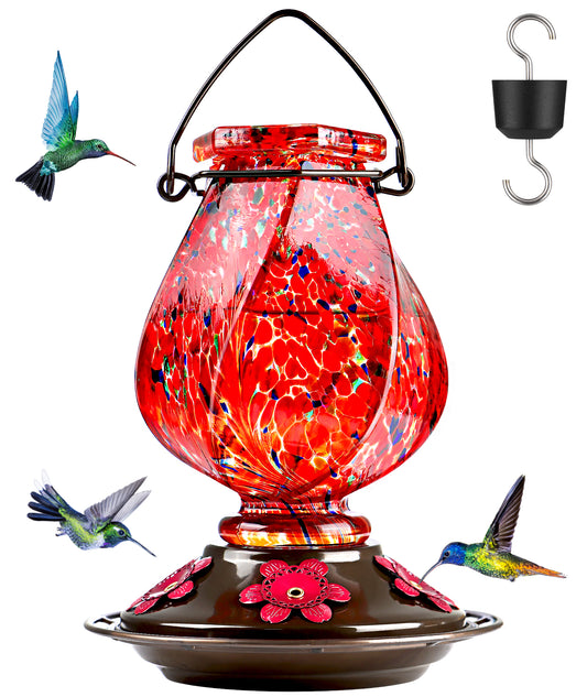 Premium Glass Hummingbird Feeder - 22oz Hand-Blown with Ant Moat & 5 Ports - Leak Proof Outdoor Hanging - Bird Lovers Gift Set