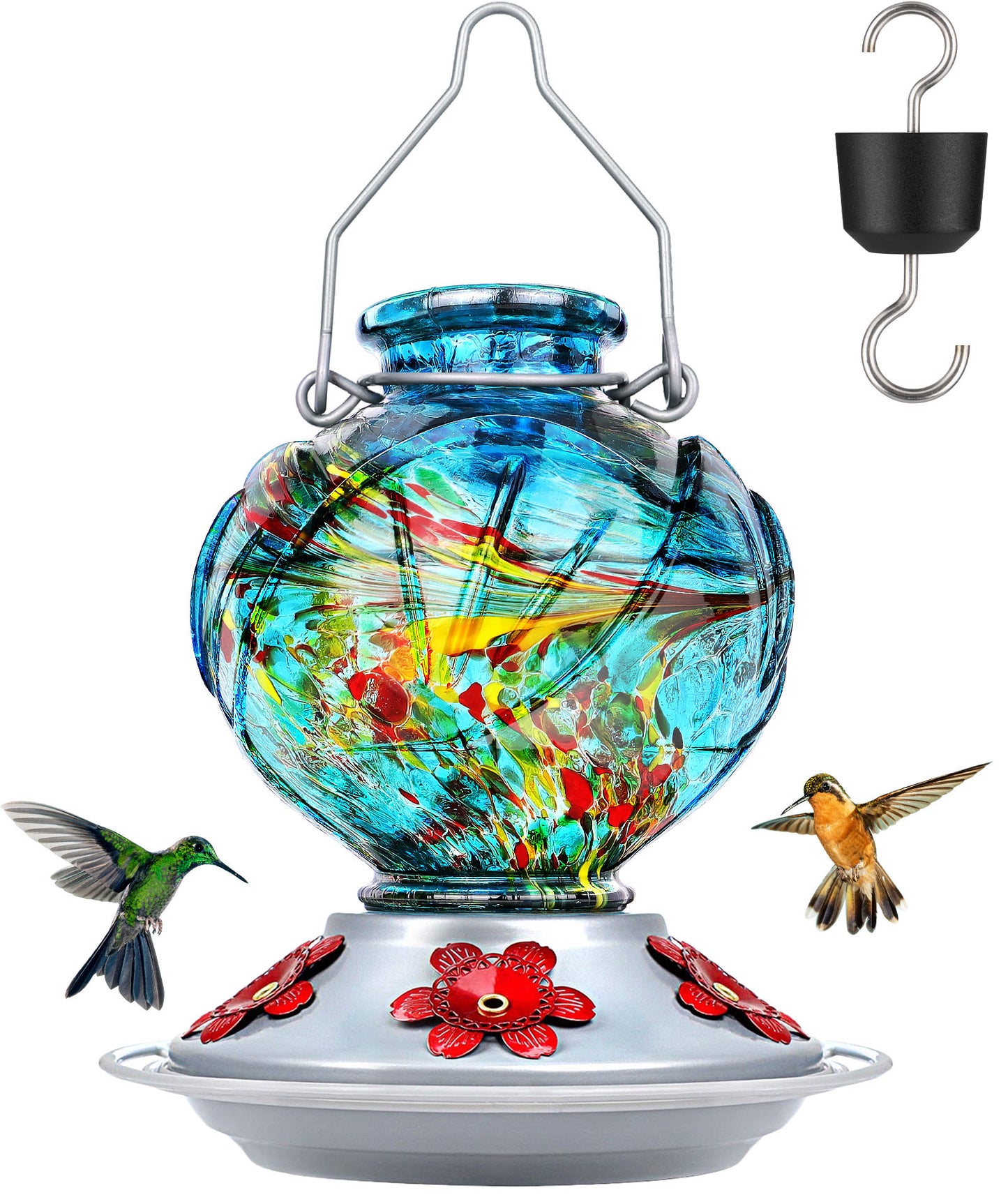 Ant-Proof Hand Blown Glass Hummingbird Feeder - 22oz Peony Flower Shape with Built-in Ant Moat & 5 Feeding Ports - Leakproof Outdoor Gift (Blue/Red/Orange/Purple/Vibrant Mix Colors)
