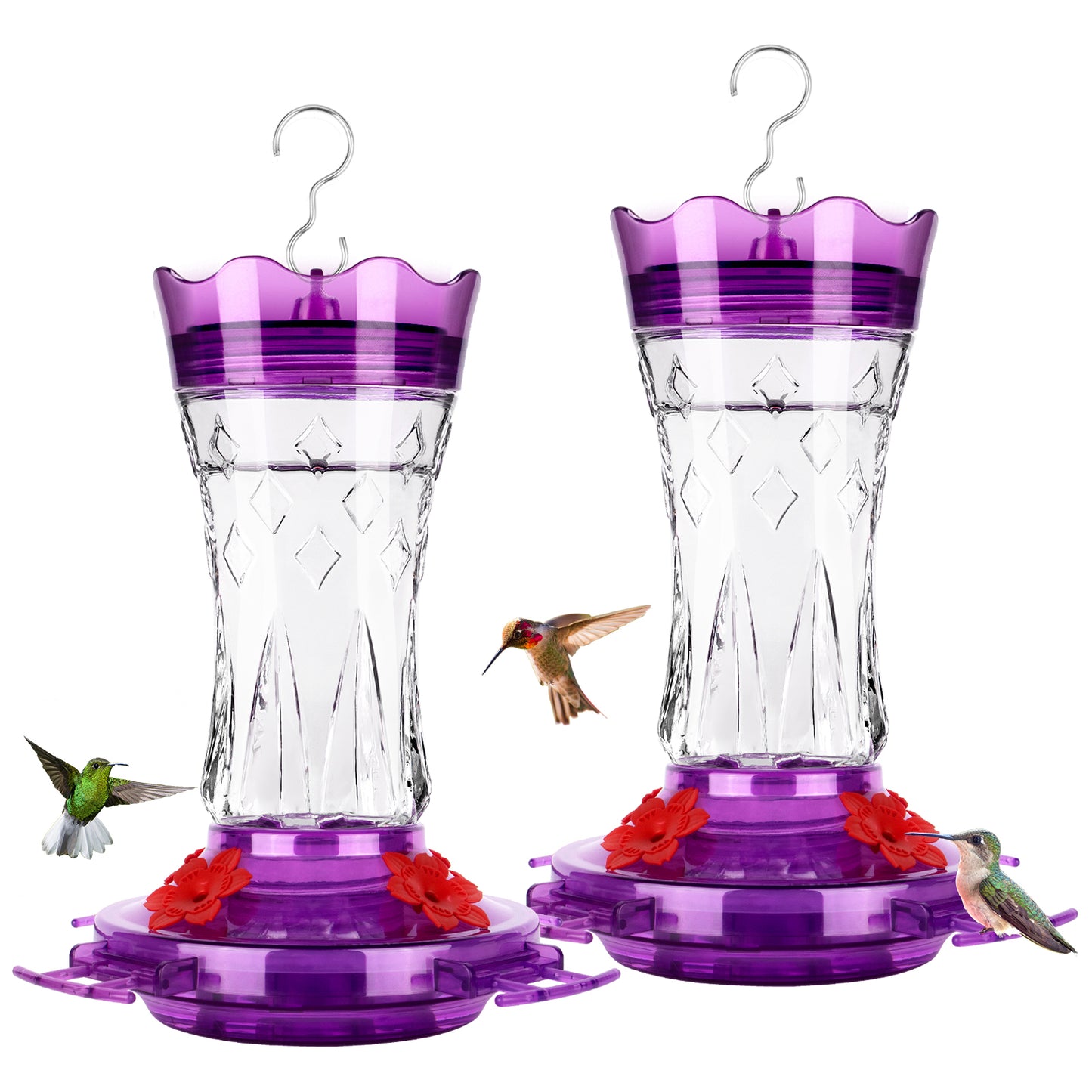 Ant-Proof & Bee-Proof Glass Hummingbird Feeder - Built-in Ant Moat & 4 Bee Guards - Leak-Proof 15oz Shatterproof Glass - Stars Decor (Red/Purple) - Perfect Outdoor Bird Gift