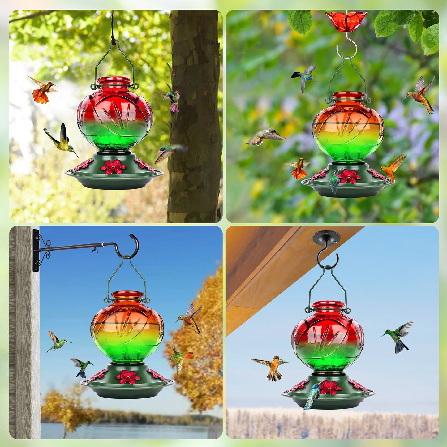 Ant-Proof Hand Blown Glass Hummingbird Feeder - 22oz Peony Flower Shape with Built-in Ant Moat & 5 Feeding Ports - Leakproof Outdoor Gift (Blue/Red/Orange/Purple/Vibrant Mix Colors)