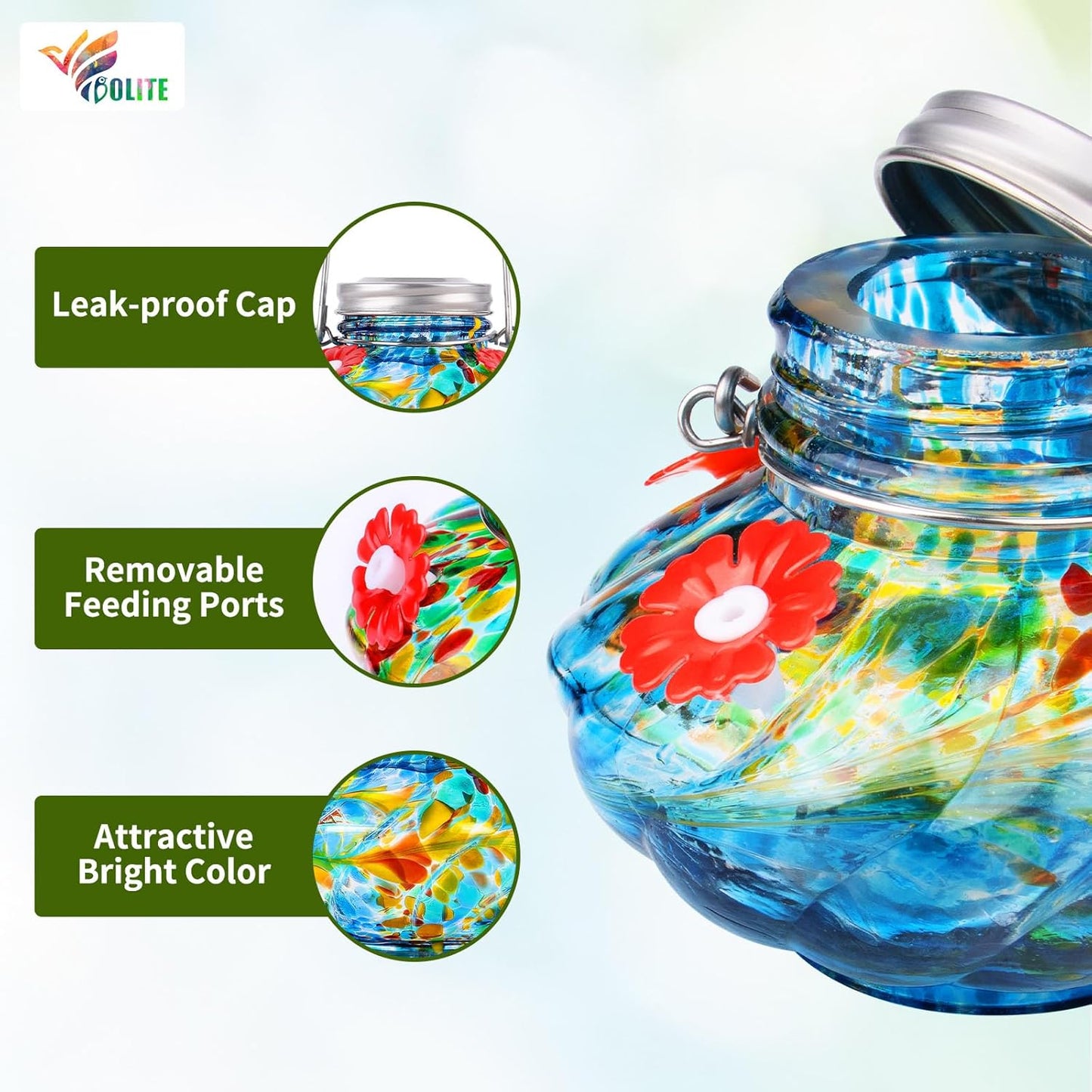 BOLITE Hummingbird Feeders for Outdoors, Hand Blown Top Fill Hummingbird Feeder, Glass Mason Jar with 4 Flower Feed Ports, Easy to Clean, Leak Proof, Bee Proof, Ant Moat, Blue, Gift for Bird Lovers