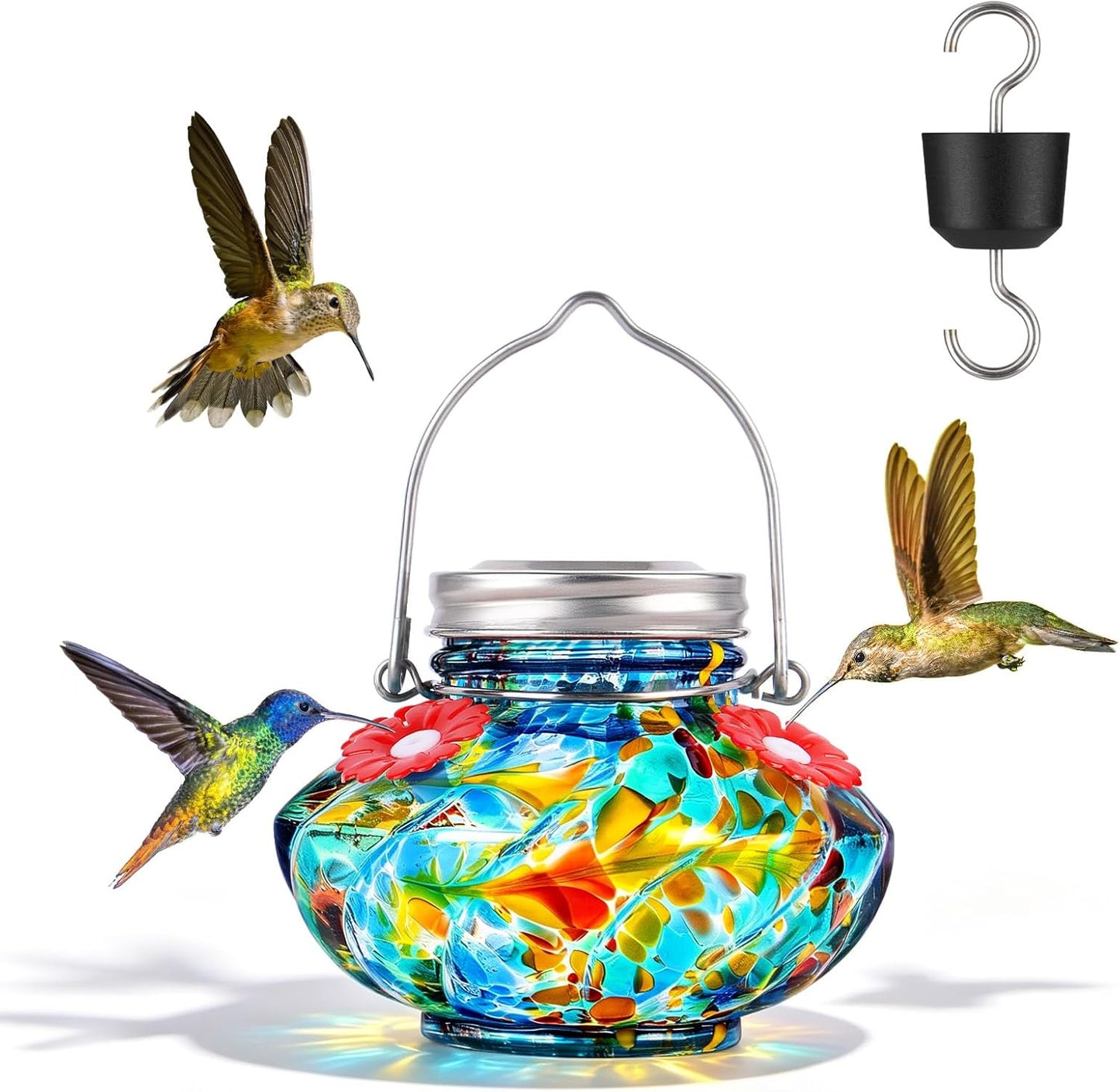 BOLITE Hummingbird Feeders for Outdoors, Hand Blown Top Fill Hummingbird Feeder, Glass Mason Jar with 4 Flower Feed Ports, Easy to Clean, Leak Proof, Bee Proof, Ant Moat, Blue, Gift for Bird Lovers