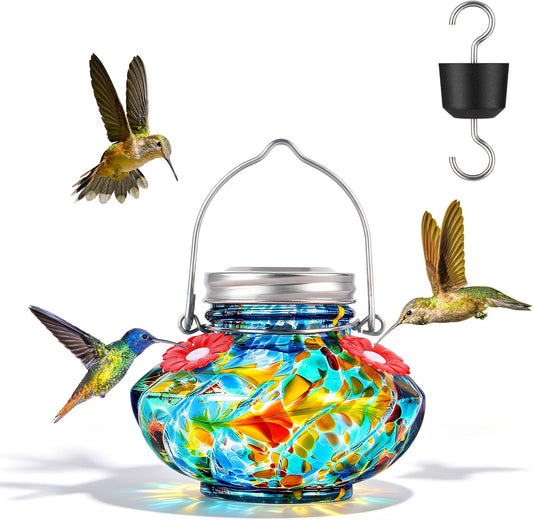 BOLITE Hummingbird Feeders for Outdoors, Hand Blown Top Fill Hummingbird Feeder, Glass Mason Jar with 4 Flower Feed Ports, Easy to Clean, Leak Proof, Bee Proof, Ant Moat, Blue, Gift for Bird Lovers