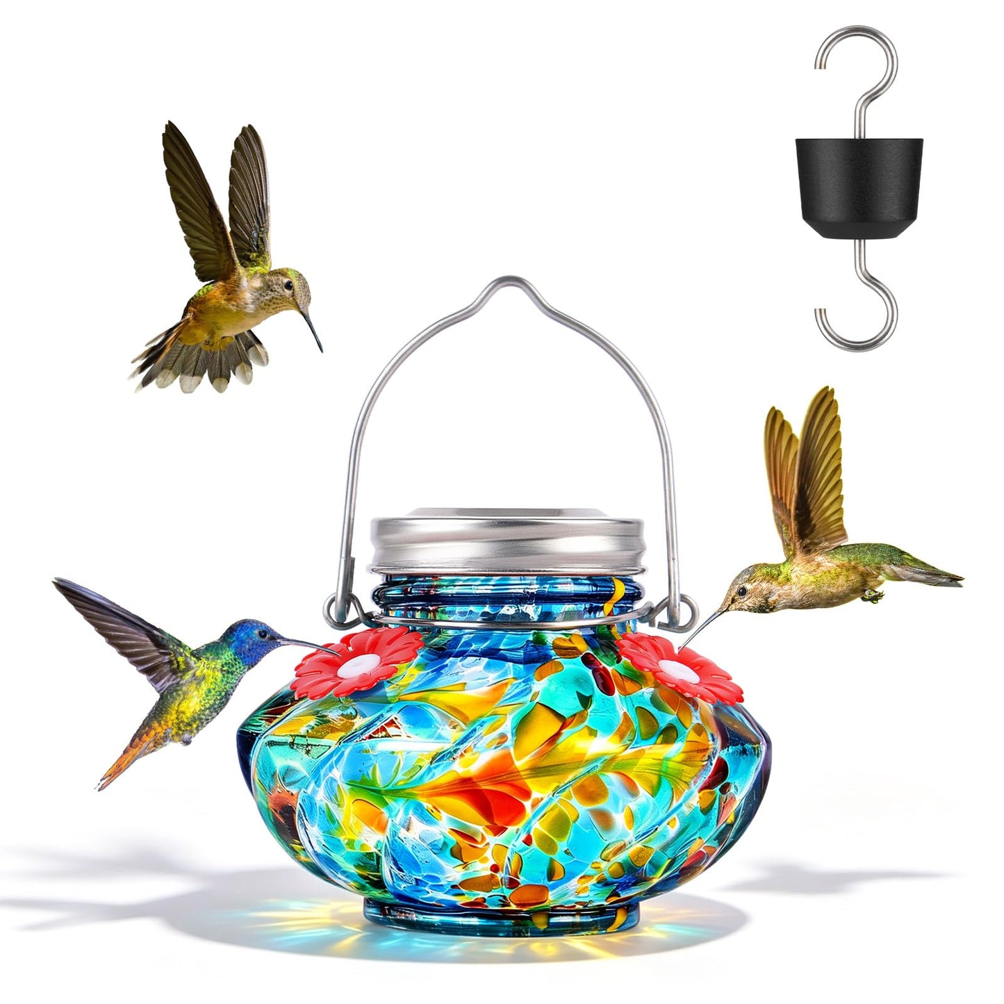 BOLITE Hummingbird Feeders for Outdoors, Hand Blown Top Fill Hummingbird Feeder, Glass Mason Jar with 4 Flower Feed Ports, Easy to Clean, Leak Proof, Bee Proof, Ant Moat, Blue, Gift for Bird Lovers