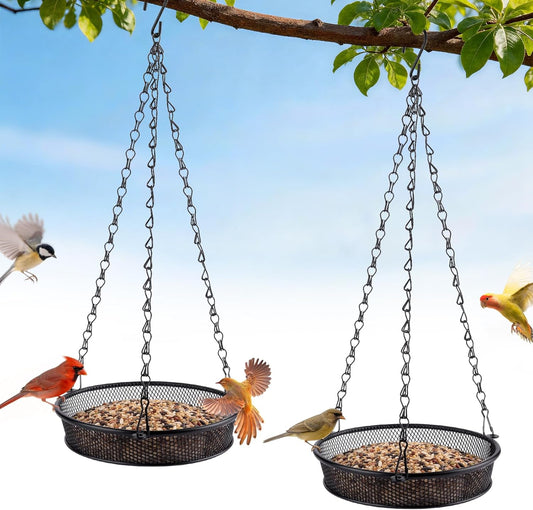 Hanging Bird Feeder, BOLITE Platform Bird Feeders for Outdoors, Metal Mesh Platform Feeders for Garden Decoration, Rust-Proof, Great for Attracting Wild Birds, Black, 2 Pack, Gift for Bird Lovers