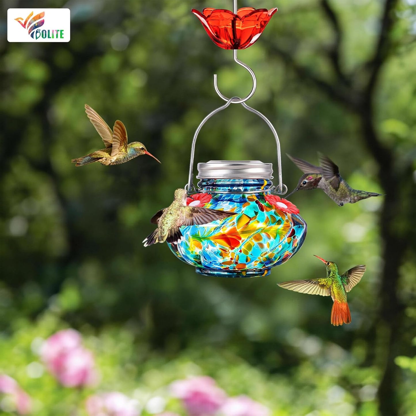 BOLITE Hummingbird Feeders for Outdoors, Hand Blown Top Fill Hummingbird Feeder, Glass Mason Jar with 4 Flower Feed Ports, Easy to Clean, Leak Proof, Bee Proof, Ant Moat, Blue, Gift for Bird Lovers