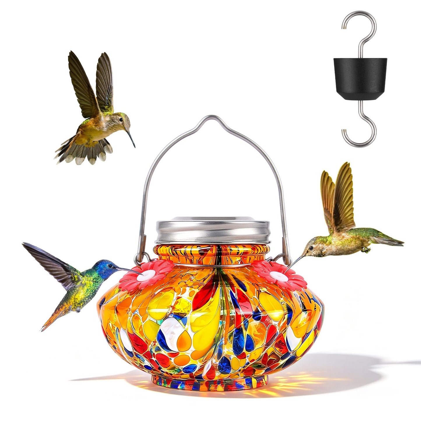 BOLITE Hummingbird Feeders for Outdoors, Hand Blown Top Fill Hummingbird Feeder, Glass Mason Jar with 4 Flower Feed Ports, Easy to Clean, Leak Proof, Bee Proof, Ant Moat, Blue, Gift for Bird Lovers