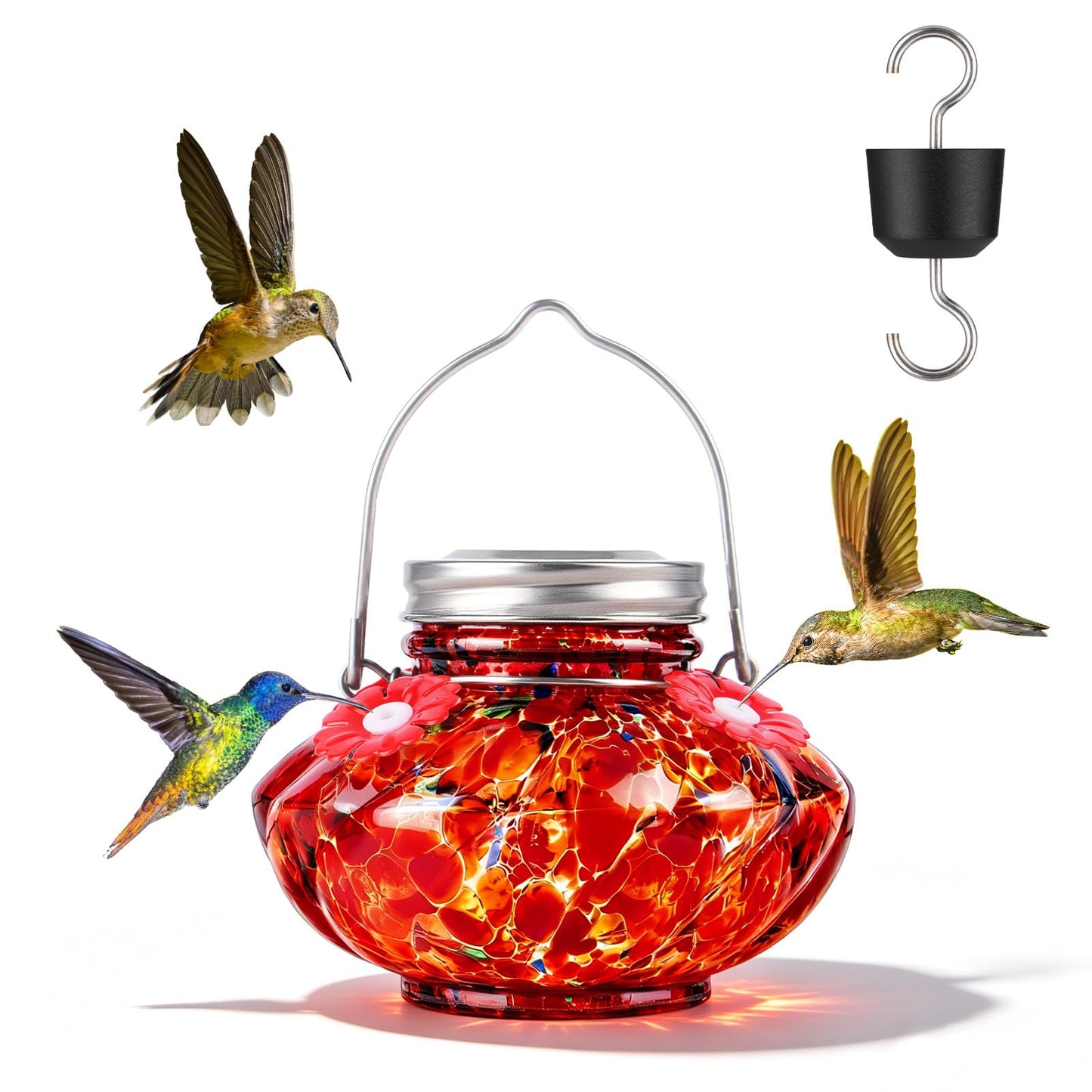 BOLITE Hummingbird Feeders for Outdoors, Hand Blown Top Fill Hummingbird Feeder, Glass Mason Jar with 4 Flower Feed Ports, Easy to Clean, Leak Proof, Bee Proof, Ant Moat, Blue, Gift for Bird Lovers