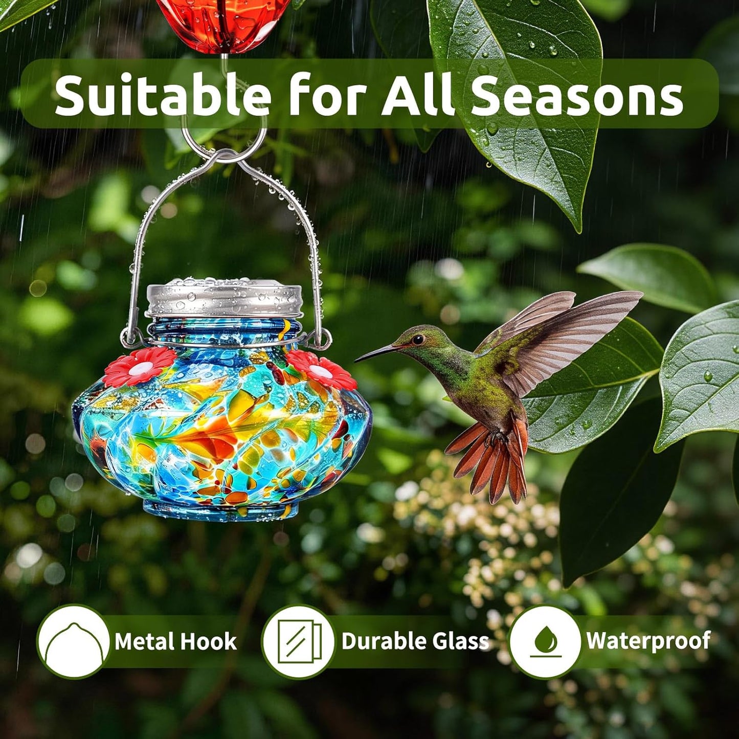 BOLITE Hummingbird Feeders for Outdoors, Hand Blown Top Fill Hummingbird Feeder, Glass Mason Jar with 4 Flower Feed Ports, Easy to Clean, Leak Proof, Bee Proof, Ant Moat, Blue, Gift for Bird Lovers