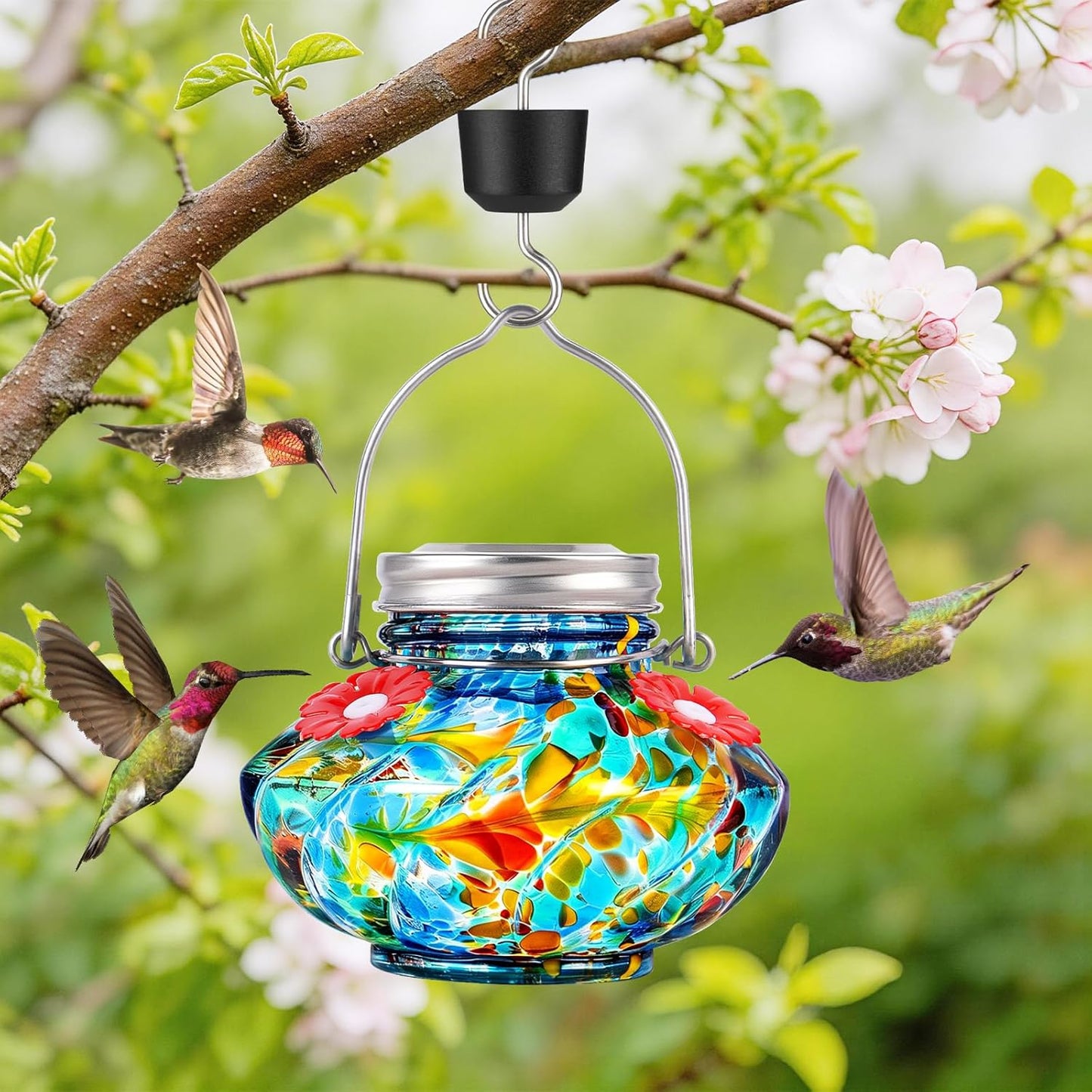BOLITE Hummingbird Feeders for Outdoors, Hand Blown Top Fill Hummingbird Feeder, Glass Mason Jar with 4 Flower Feed Ports, Easy to Clean, Leak Proof, Bee Proof, Ant Moat, Blue, Gift for Bird Lovers