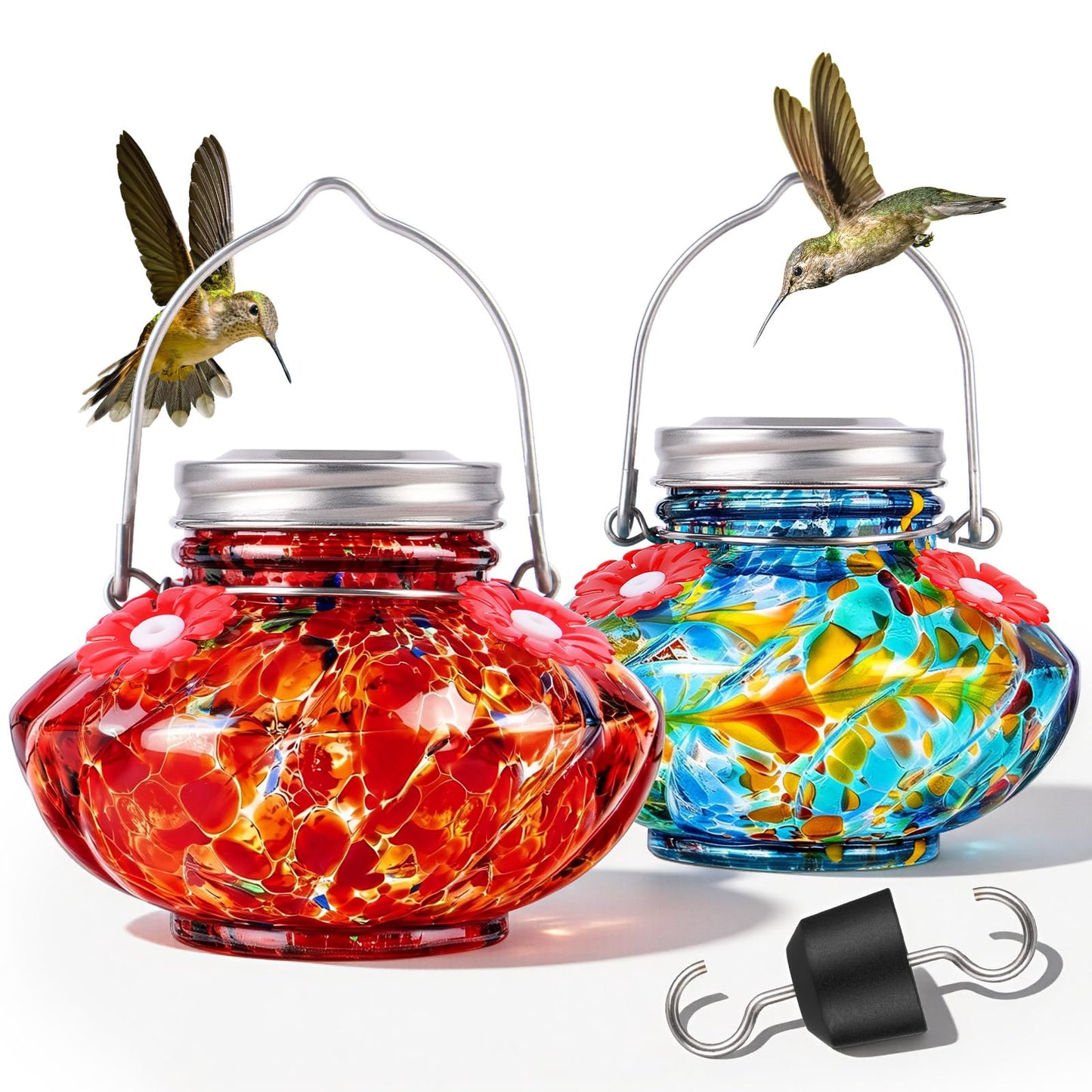 BOLITE Hummingbird Feeders for Outdoors, Hand Blown Top Fill Hummingbird Feeder, Glass Mason Jar with 4 Flower Feed Ports, Easy to Clean, Leak Proof, Bee Proof, Ant Moat, Blue, Gift for Bird Lovers